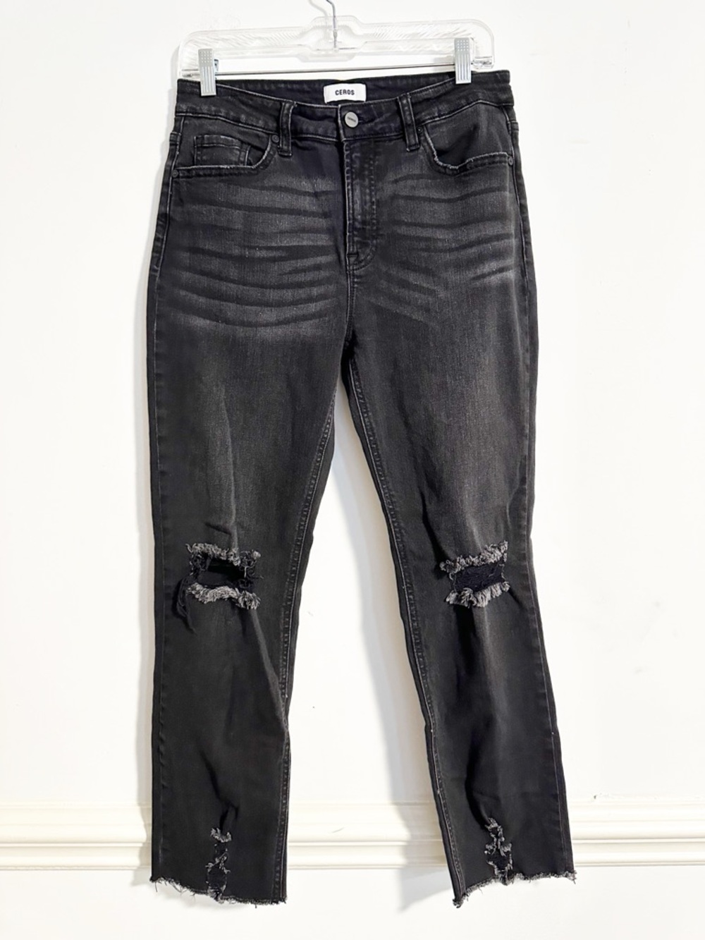 CEROS Black Distressed Skinny Jeans Size 28 Frayed Hem Ripped